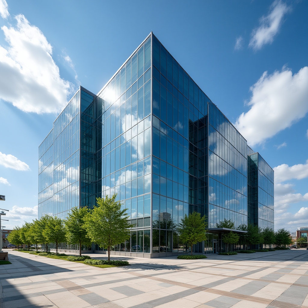 Modern glass office building exterior in Fort Worth Texas during daytime with clear blue sky and urban cityscape