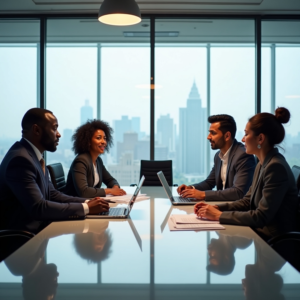 Westarion leadership team in a modern glass office discussing the company mission